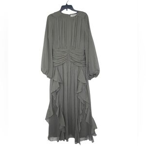 Olive Green Ruffle-Trim Maxi Dress with Long Sleeves
